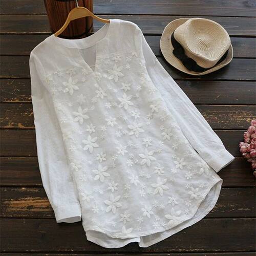 Embroidery Lace Cotton Linen Casual Women BlouseLoose White