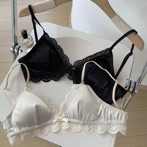 Style Triangle Cup Bow Lace Bra for Women Small Chest Satin