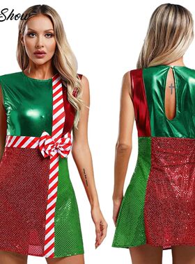 Women Christmas Santa Elf Costume Shiny Sequ Bowknot Dress B