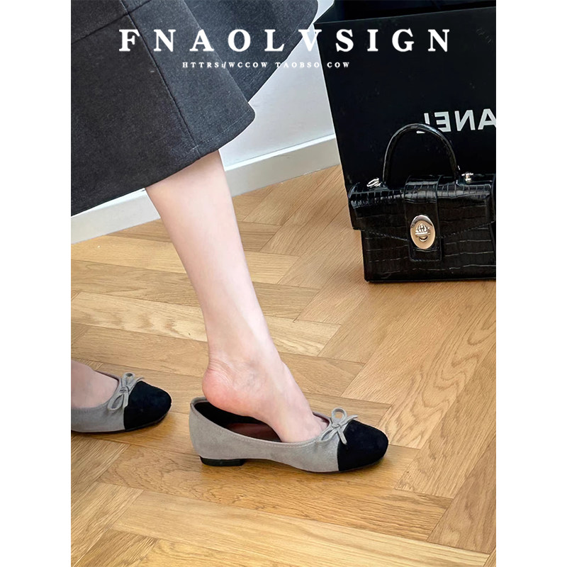 羊皮版~法式拼色蝴蝶结浅口单鞋女春季配裙子圆头一脚蹬平底瓢鞋,女鞋,浅口单鞋,淘宝优惠券,粉丝福利购,淘宝优惠卷