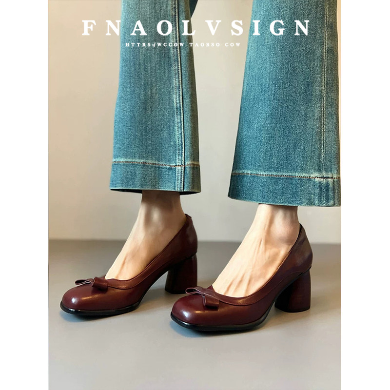 羊皮版~春季通勤高跟蝴蝶结单鞋真皮女鞋一脚蹬浅口圆头玛丽珍鞋,女鞋,玛丽珍鞋,淘宝优惠券,粉丝福利购,淘宝优惠卷
