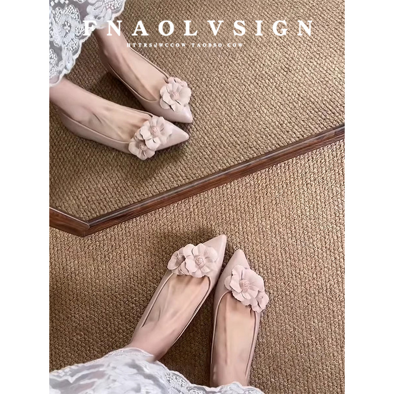 牛皮版~法式温柔花朵尖头内增高单鞋女浅口一脚蹬鞋子平底晚晚鞋