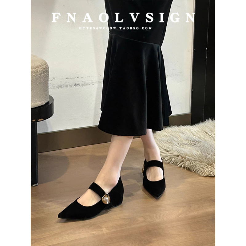 羊皮版~复古绒面尖头浅口单鞋女春季新款金属一字带低跟玛丽珍鞋,女鞋,浅口单鞋,淘宝优惠券,粉丝福利购,淘宝优惠卷