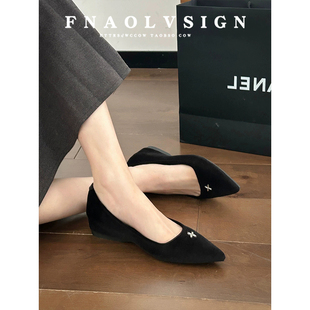 牛皮版~复古一脚蹬通勤绒面瓢鞋女法式绝美内增高配裙子浅口单鞋