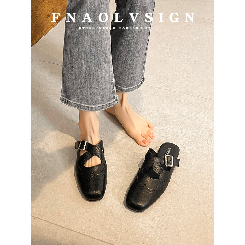 牛皮版~复古风包头拖鞋女夏方头平底一脚蹬搭扣半拖鞋外穿穆勒鞋,女鞋,包头拖,淘宝优惠券,粉丝福利购,淘宝优惠卷