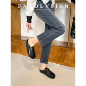 女2026夏一脚蹬黑色圆头平底包头拖鞋 牛皮版 复古流苏半拖小皮鞋