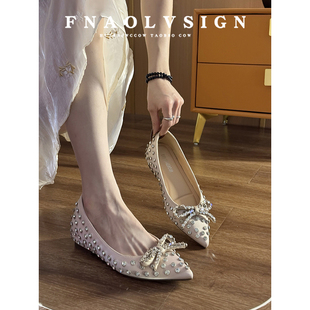 羊皮版~尖头单鞋女2025新款晚晚风蝴蝶结水钻浅口内增高平底鞋女