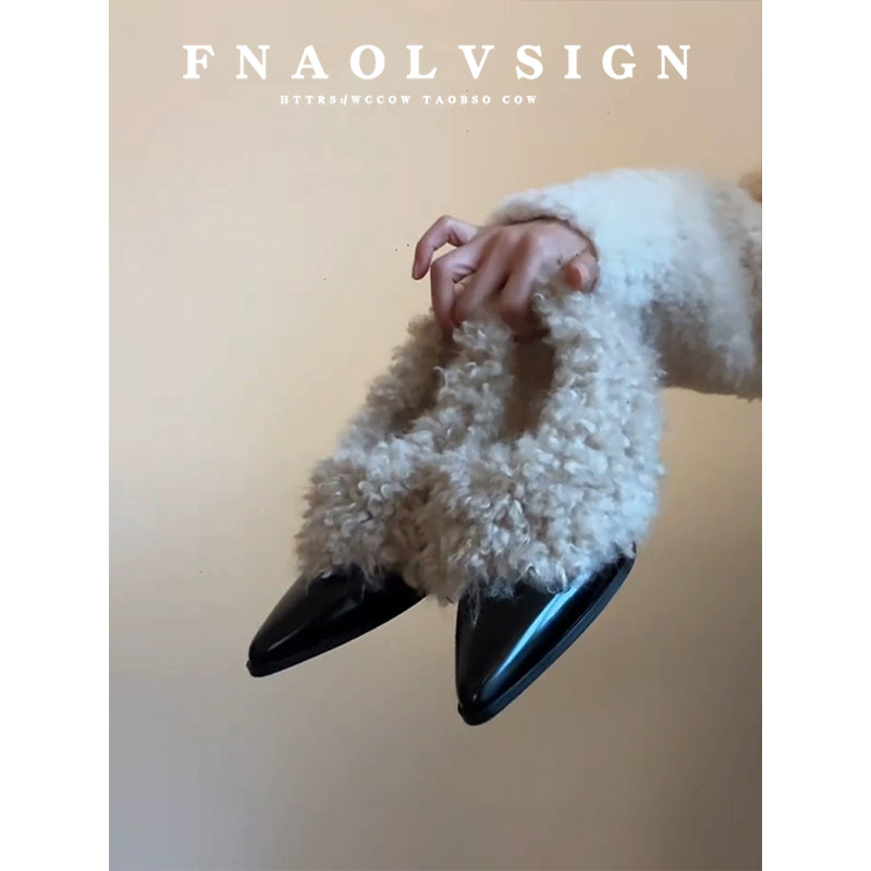 牛皮版~秋冬法式加绒尖头高跟鞋女粗跟单鞋保暖毛毛鞋一脚蹬女鞋