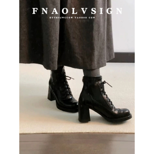 羊皮版 复古真皮马丁靴女气质通勤系带短靴百搭小个子高跟瘦瘦靴