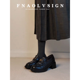 一脚蹬通勤单鞋 女复古粗跟厚底小皮鞋 英伦风山茶花乐福鞋 牛皮版