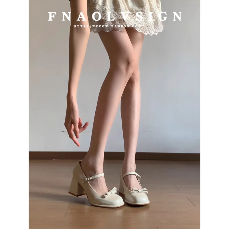 羊皮版~法式玛丽珍鞋女春季仙女风蝴蝶结一字带单鞋粗跟高跟鞋,女鞋,玛丽珍鞋,淘宝优惠券,粉丝福利购,淘宝优惠卷