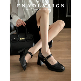 牛皮版~法式复古浅口高跟鞋女小个子增高不累脚一字扣带配裙单鞋