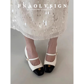 法式 小香风方头内增高单鞋 一字扣高跟鞋 牛皮版 女粗跟玛丽珍女鞋