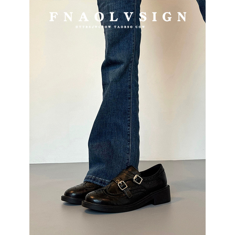 牛皮版~2025新款复古英伦风雕花布洛克小皮鞋女厚底黑色乐福鞋子