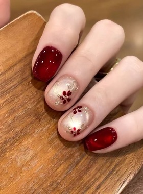 纯手工穿戴甲红色猫眼鎏金小花复古精致显白豆豆甲高级感新年美甲