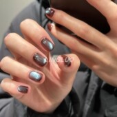 纯手工蓝棕色玻璃珠猫眼棕色美甲穿戴甲短款 秋冬高级感小众显白