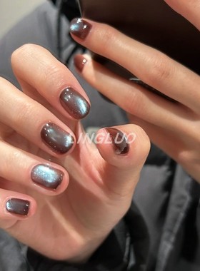 纯手工蓝棕色玻璃珠猫眼棕色美甲穿戴甲短款秋冬高级感小众显白