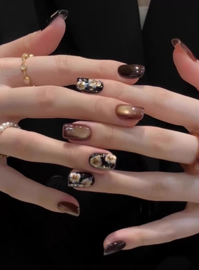 【繁花】纯手工穿戴甲复古黑色鎏金手绘花朵短款显白ins气质美甲