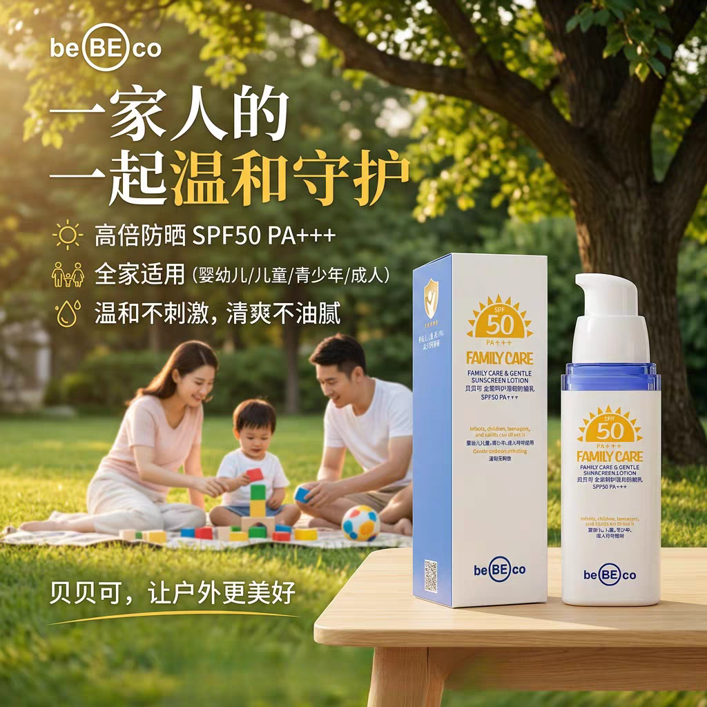 贝贝可全家呵护温和防晒乳儿童青少年家庭护理全身可用SPF50PA+++