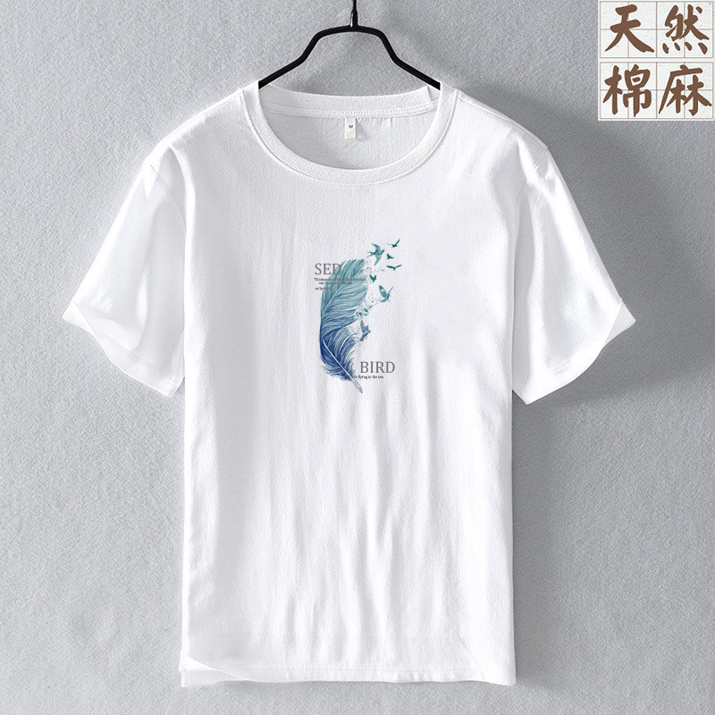 中国风小鸟羽毛亚麻短袖t恤男式棉麻半袖体恤夏季圆领透气薄款