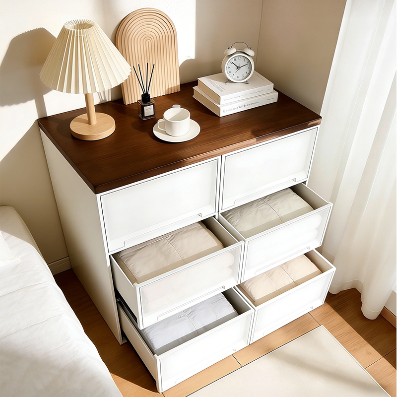 日本抽屉式被子收纳柜多层阳台杂物储物斗柜带木板塑料衣服收纳箱
