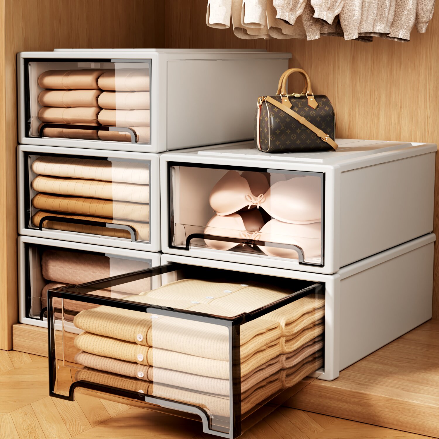 日本抽屉式收纳箱衣柜收纳盒家用透明衣物整理储物箱裤子衣物分层