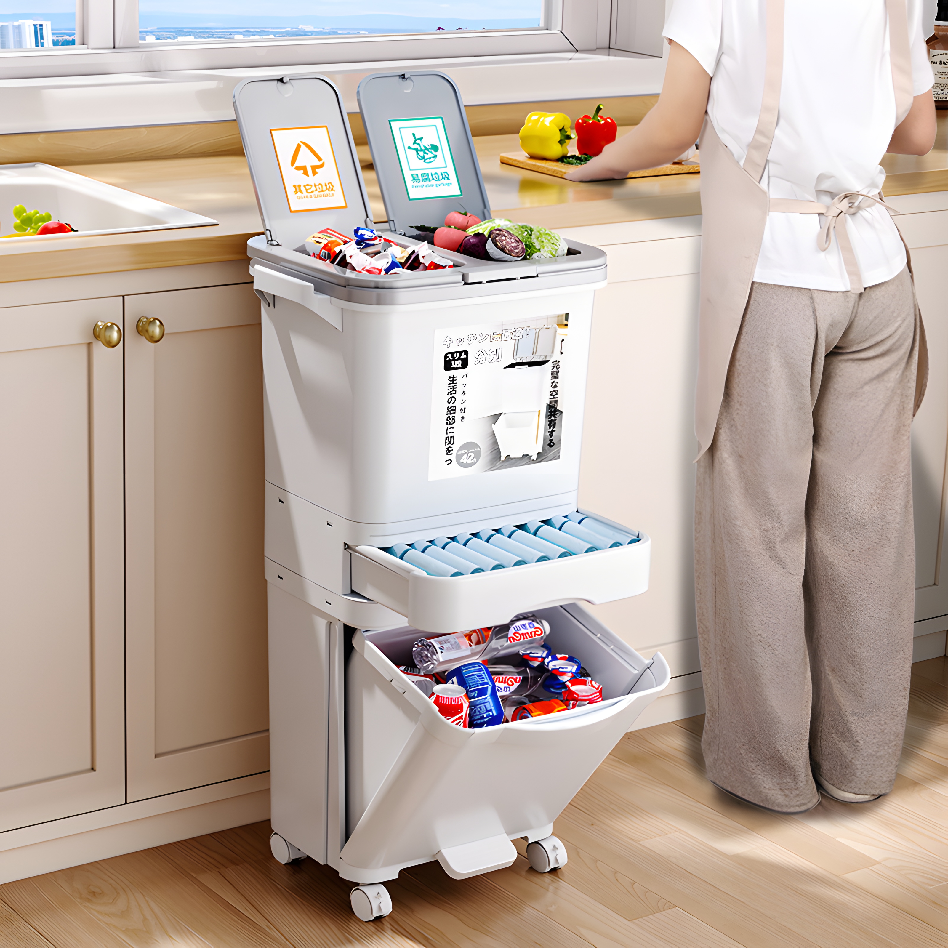日本厨房垃圾桶高款可移动免弯腰