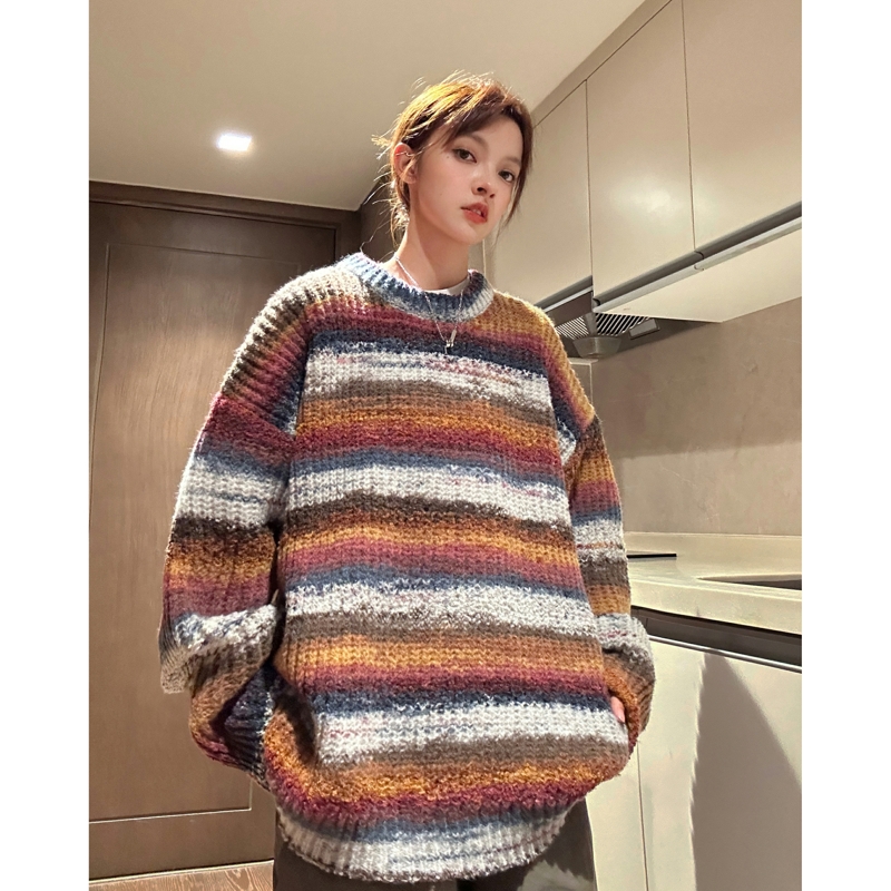 814-1-M306-P85控108彩虹条纹毛衣针织衫女模（聚酯纤维），男装针织衫/毛衣，星座814-1