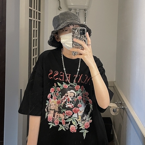 ~美式复古玫瑰花印花潮牌短袖T恤男女 814-1-T409-P38图片