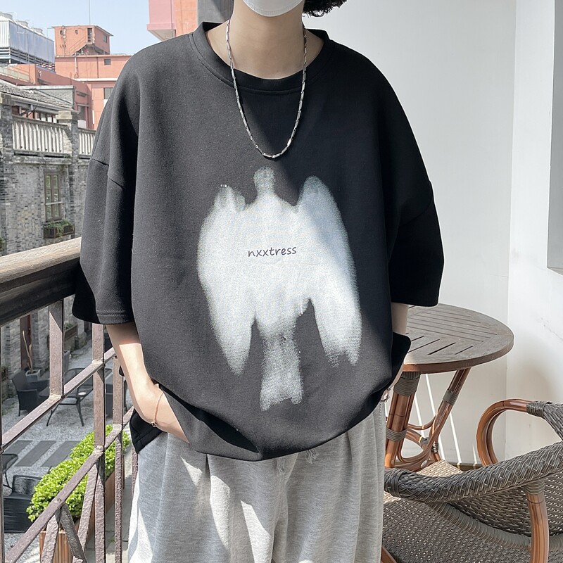 设计感涂鸦印花短袖男夏季美式高街ins潮牌重磅T恤百搭小众五分袖,男装T恤,星座814-1
