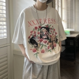 ~美式复古玫瑰花印花潮牌短袖T恤男女814-1-T409-P38，男装T恤，星座814-1