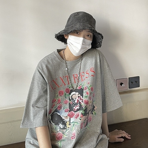 美式玫瑰印花短袖T恤男夏季新款高级感潮流半袖体恤复古休闲汗衫图片