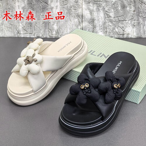 品牌断码处理仙女风花朵装饰一字拖女夏季真皮厚底外穿舒适凉拖鞋