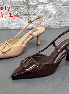 comely康莉正品撤柜真皮尖头细跟高跟凉鞋女士搭扣百搭通勤时装鞋