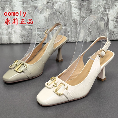 comely康莉正品断码处理春季方头牛皮高跟百搭舒适一字扣女凉鞋潮