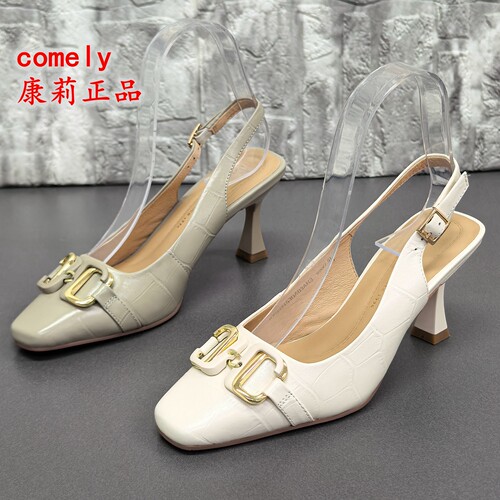 comely康莉正品断码处理春季方头牛皮高跟百搭舒适一字扣女凉鞋潮