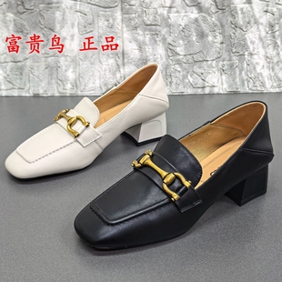 商场正品撤柜英伦风头层牛皮方头乐福鞋女金属扣粗跟百搭时尚单鞋