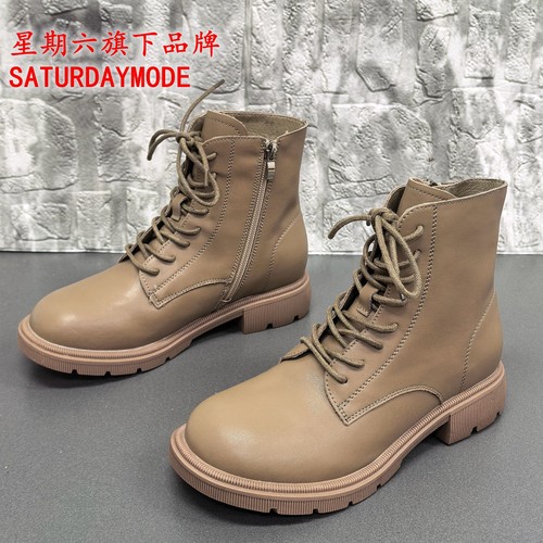 37SATURDAYMODE正品撤柜圆头系带侧拉链马丁靴女冬季短靴中跟百搭