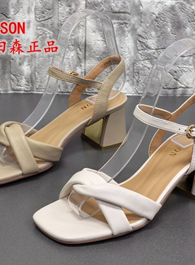 PT'SON百田森正品夏季羊皮方头粗跟一字带女凉鞋优雅露趾高跟鞋潮