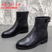 英伦风真皮切尔西靴女黑色圆头低跟短靴冬季 34码 SATURDAYMODE正品