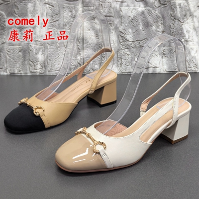 comely康莉正品撤柜处理羊皮方头一字带凉鞋女中跟金属扣通勤单鞋