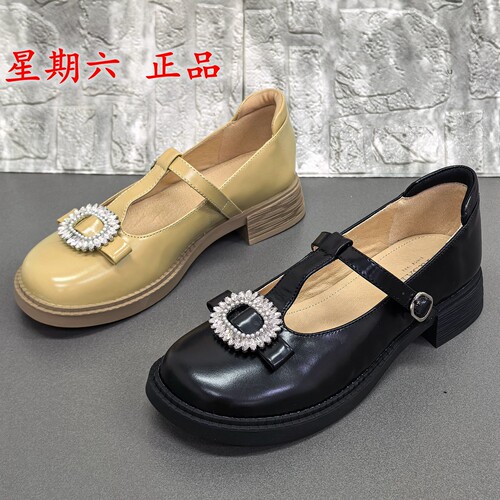 38码星期六正品断码真皮玛丽珍鞋女水钻一字扣带圆头百搭气质单鞋
