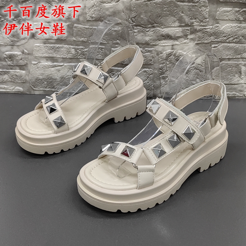 EBLAN/伊伴撤柜断码处理夏季时尚露趾魔术贴休闲真皮休闲女凉鞋潮