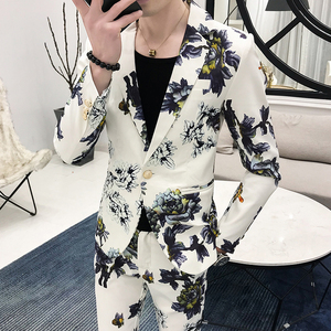 306B-2-TZ03-P125秋装男士韩版修身发型师碎花西服两件套装礼服