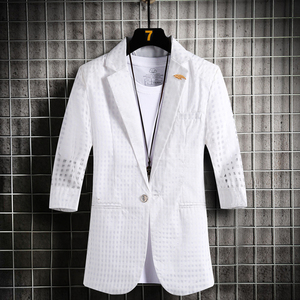 X511-P60 2021夏季镂空袖男装纯色七分袖小西装修身西服图片