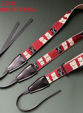 UNIKSTRAP纯手作福寿猫酒红色米棉麻通用相机背带斜跨相机带腕带