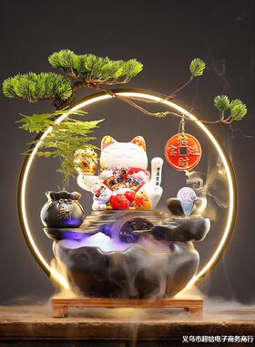 中式流水生财摆件家居客厅办公室桌面创意陶瓷招财猫装饰开业礼品