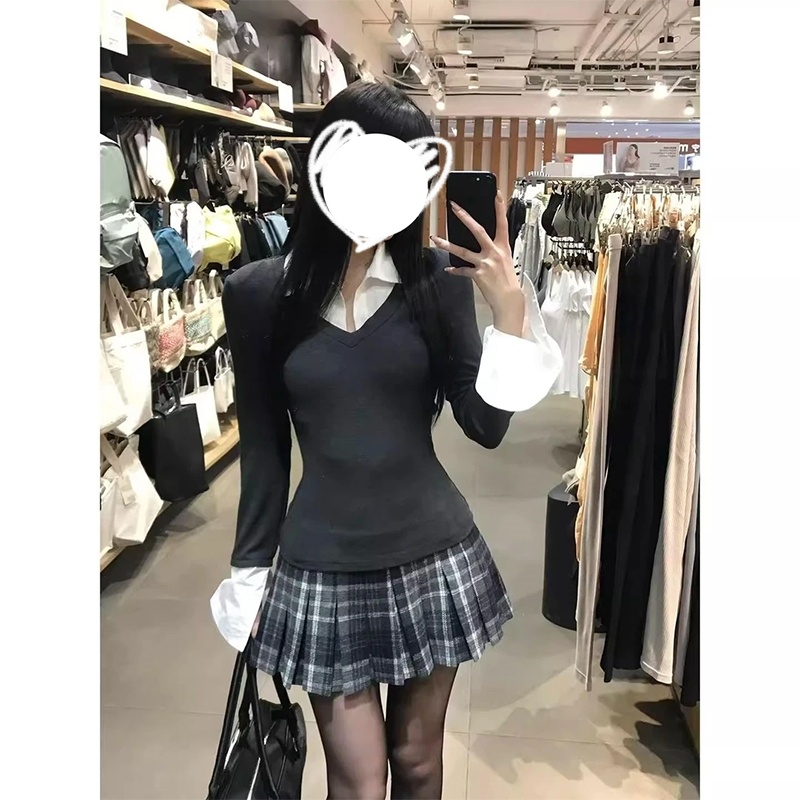 学院风拼接假两件polo领长袖衬衫