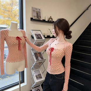 独特漂亮网纱爱心印花绑带内搭长袖T恤女装2026春季修身打底上衣