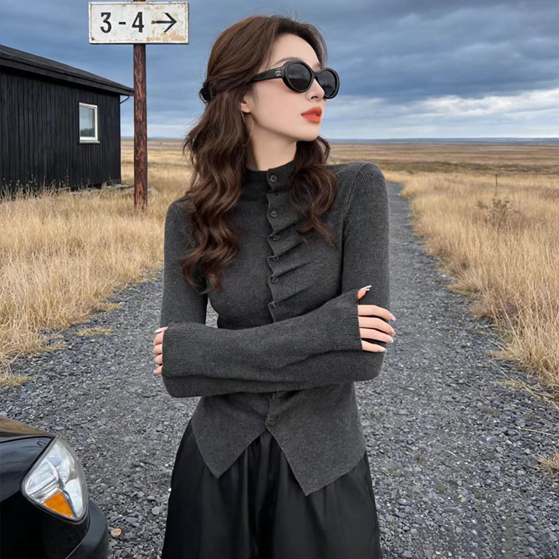 复古排扣不规则皱褶高领内搭长袖T恤女2026春季修身显瘦打底上衣,女装/女士精品,T恤,淘宝优惠券,粉丝福利购,淘宝优惠卷